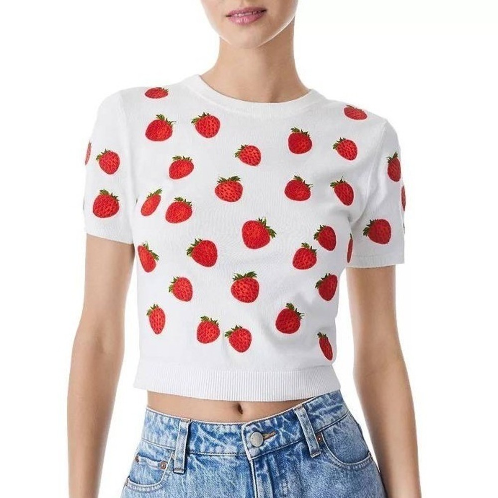 Alice + Olivia Ciara Strawberry Embroidered Sweater Short Sleeve Knit Top XS